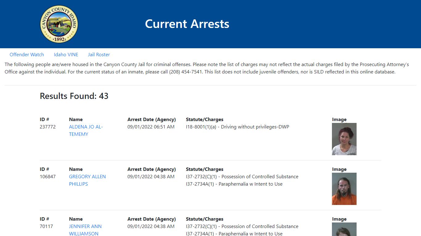 Current Arrests - Canyon County, Idaho